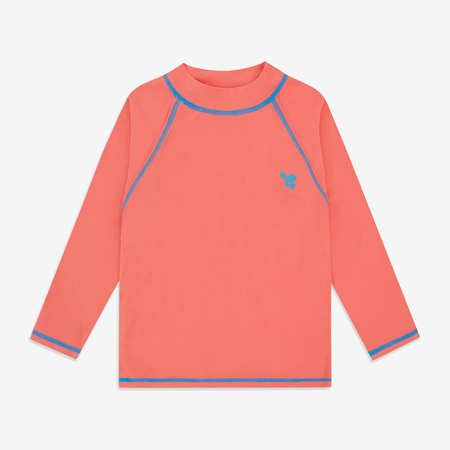 A red, long-sleeved UV Protective Rash Vest, with a blue logo and trim around the neck, wrists and hem, and blue stitching on the seams.